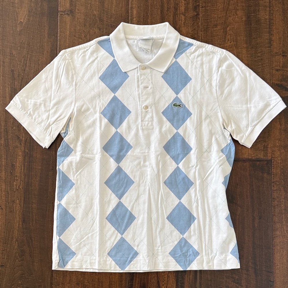 Lacoste Men's Polo with White and Light Blue Argyle